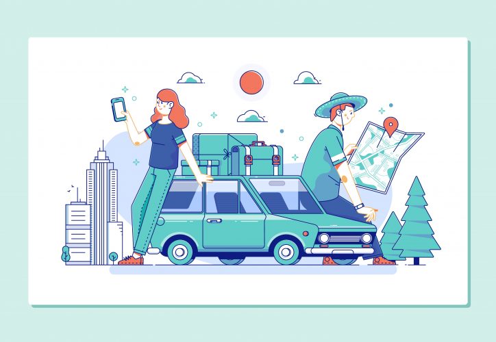 Discover the World.Travel explore, discover and trip to world Couple of tourists consulting a city guide and smartphone gps in the street searching locations